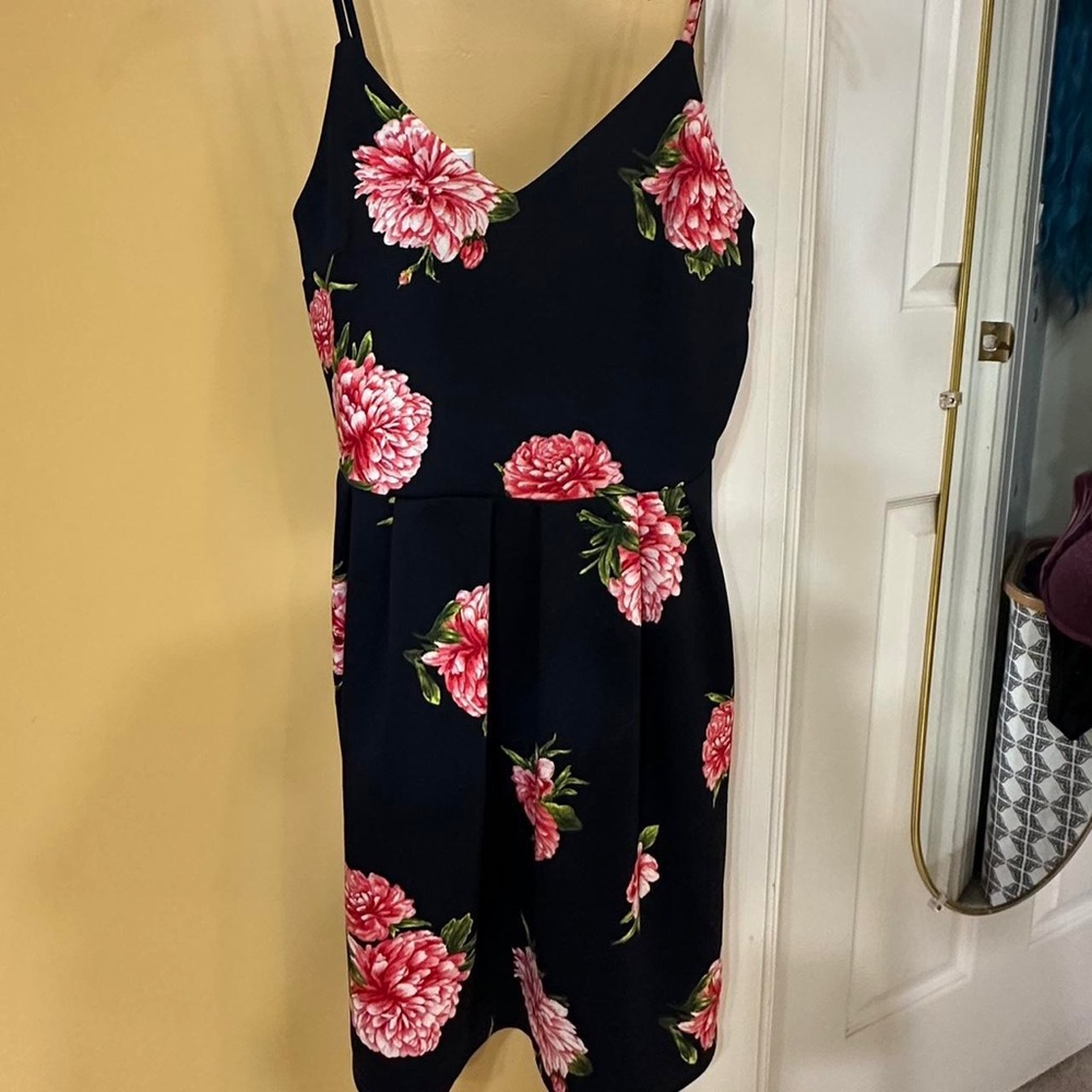 Ladies large Navy spaghetti strap dress with pink florals.